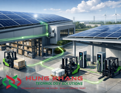 CHUYỂN ĐỔI XANH CHO NHÀ MÁY: TỪ ĐIỆN MẶT TRỜI ĐẾN XE NÂNG ĐIỆN VÀ TRẠM SẠC DÙNG SOLAR